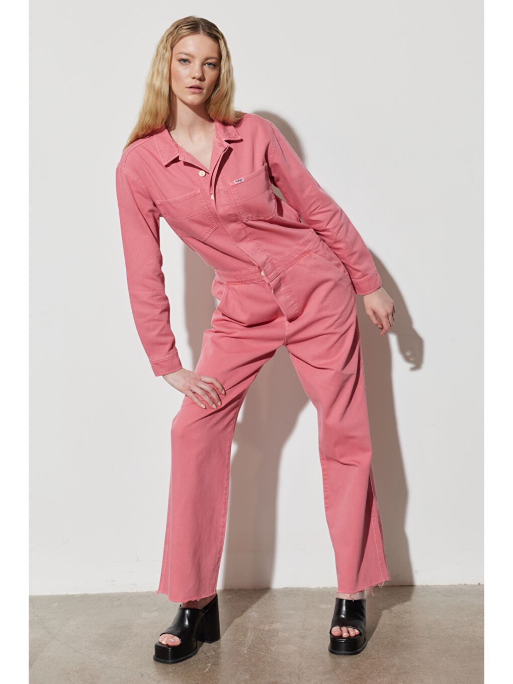 Kick Flare Regular Fit Normal Kesim Gömlek Yaka Geniş Paça Pembe Tulum-1