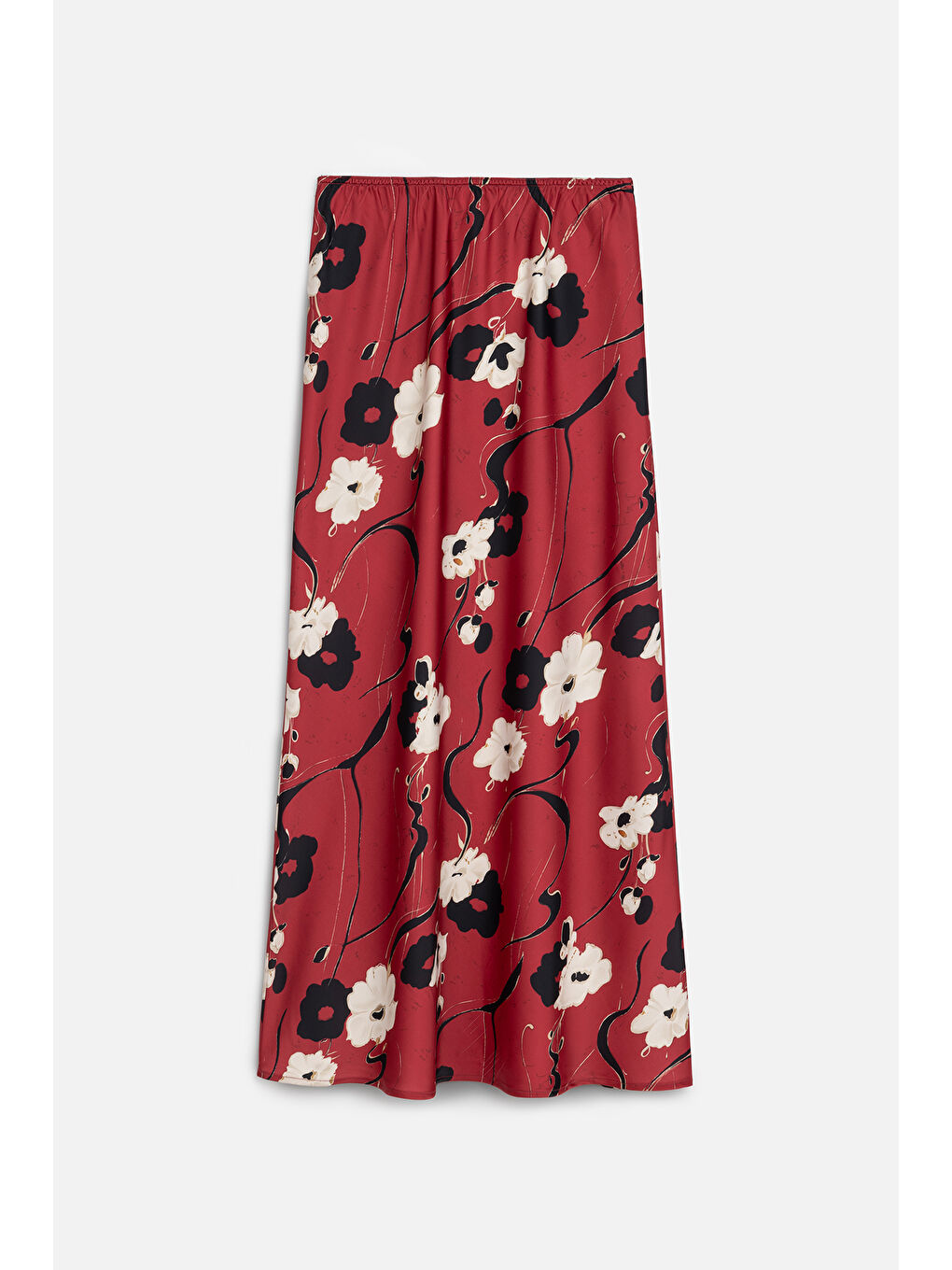 Kırmızı Desenli Saten Midi Etek Japan-1