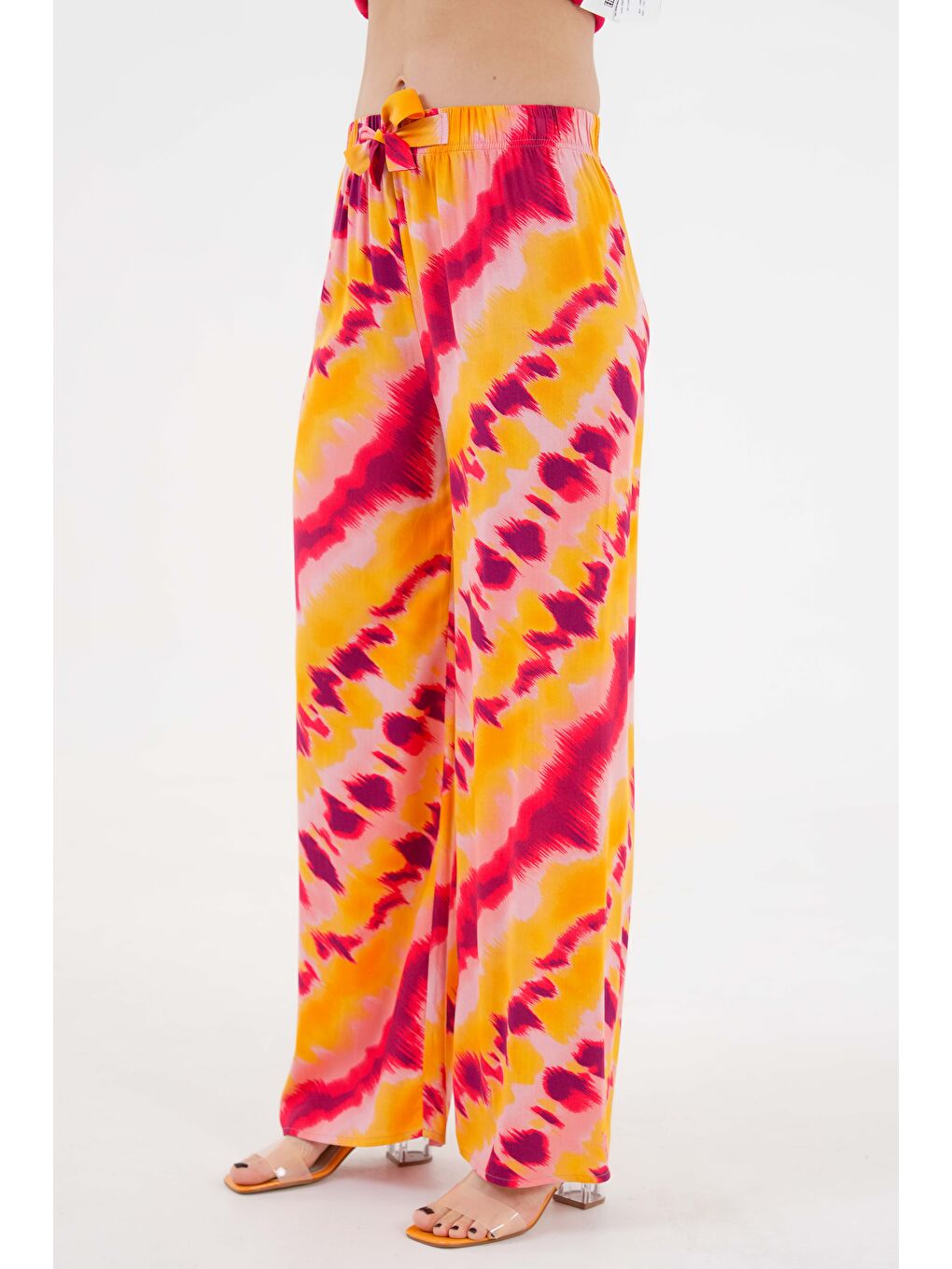 Pembe Somon Kadın Desenli Beli Lastikli Bağlamalı Bol Paça Dokuma Pantolon - Viskon-3