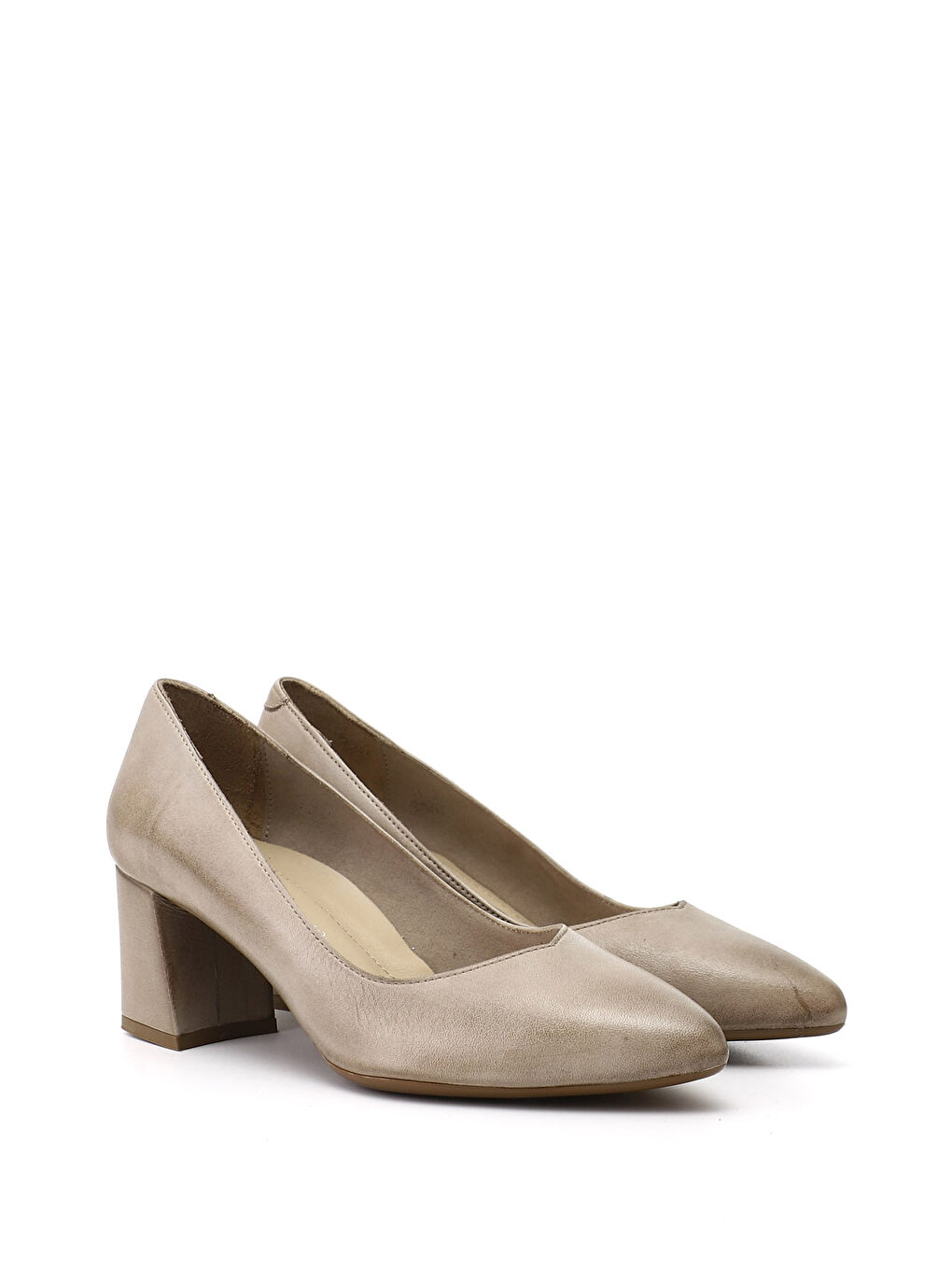 Bej Kadın AÇIK BEJ Sivri Burun Orta Kalın Topuklu Hakiki Deri Ayakkabı-1