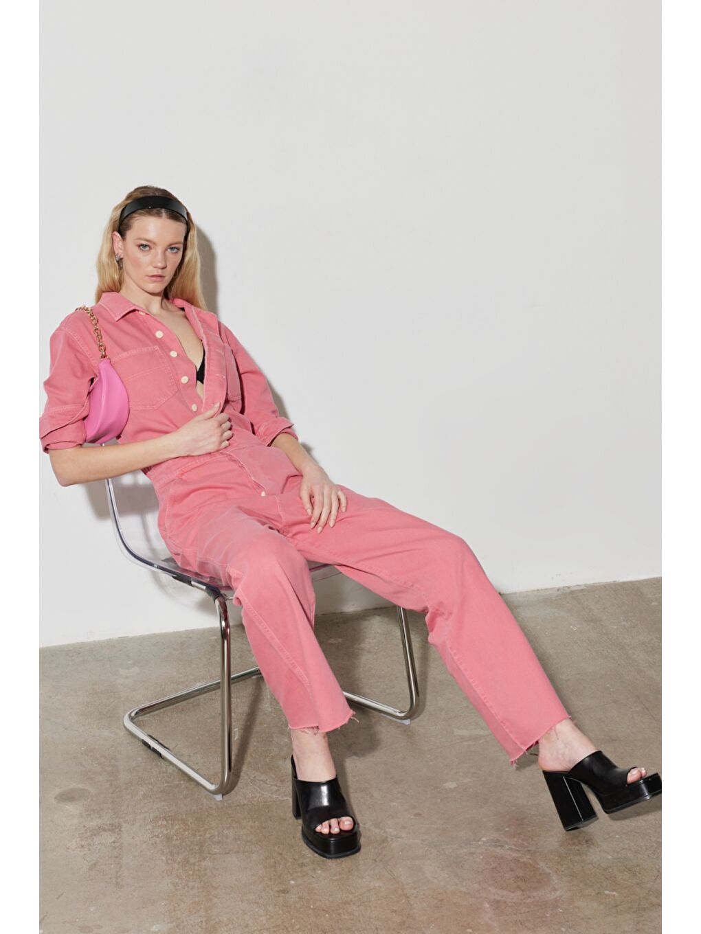 Kick Flare Regular Fit Normal Kesim Gömlek Yaka Geniş Paça Pembe Tulum-2