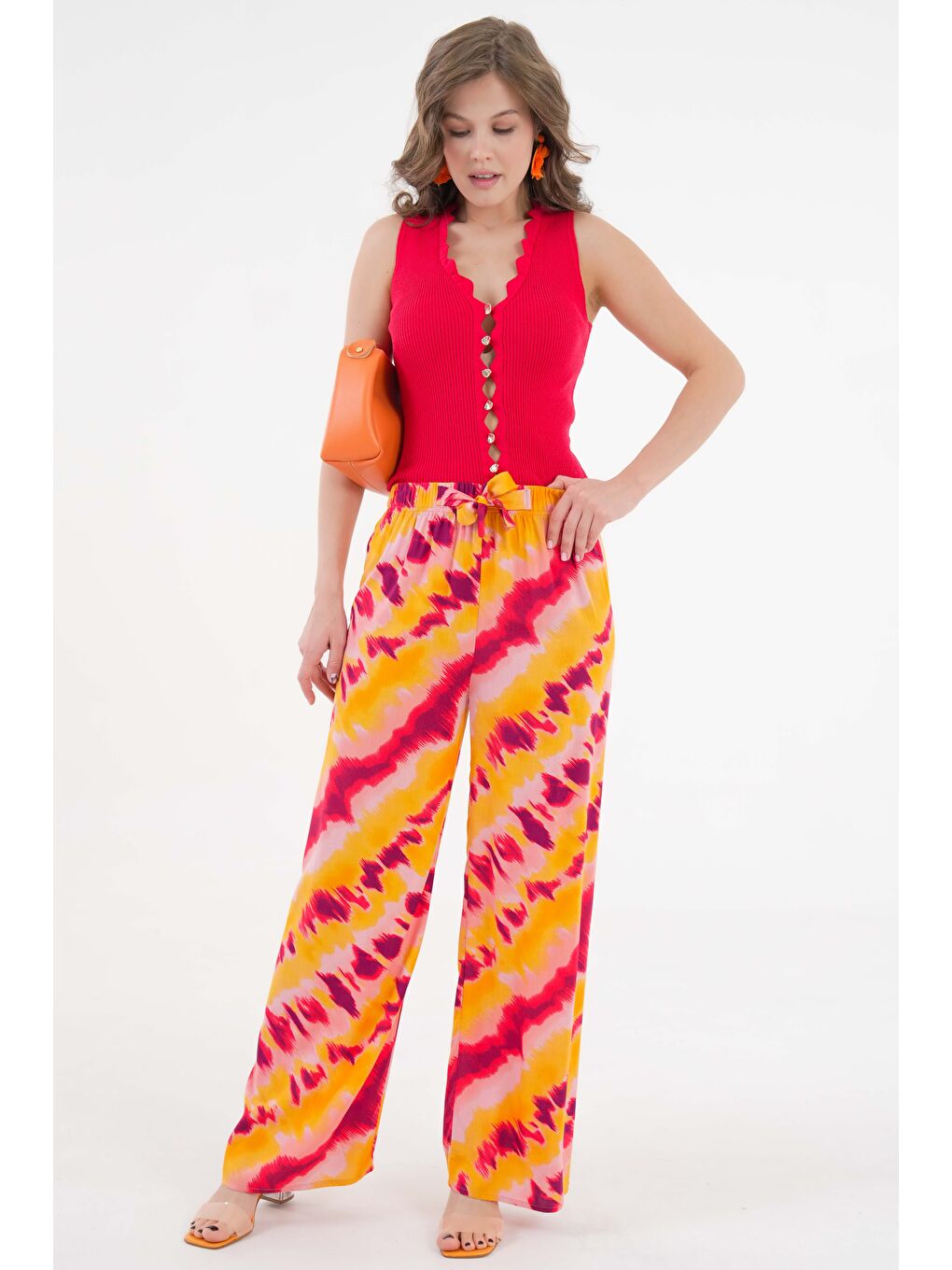 Pembe Somon Kadın Desenli Beli Lastikli Bağlamalı Bol Paça Dokuma Pantolon - Viskon-4