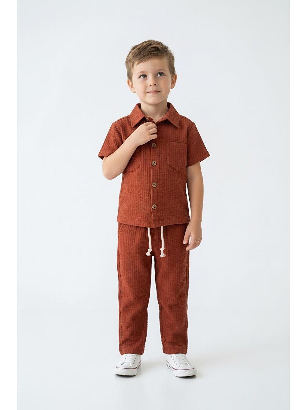 Kahverengi Gofreli Yazlık Gömlek 2li Takım-3