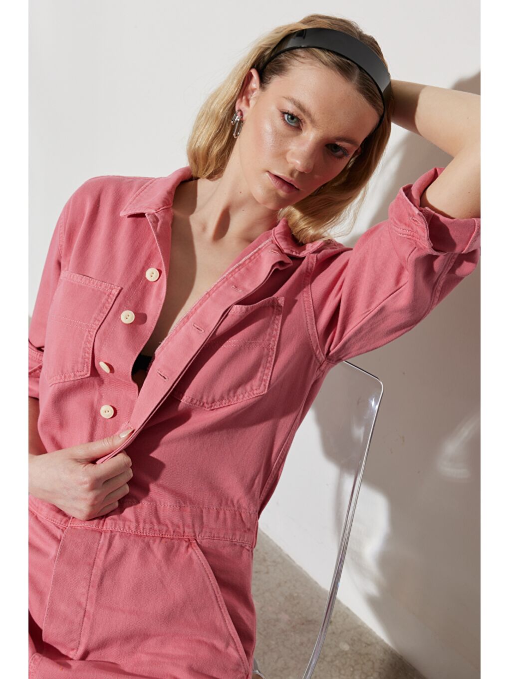 Kick Flare Regular Fit Normal Kesim Gömlek Yaka Geniş Paça Pembe Tulum-3