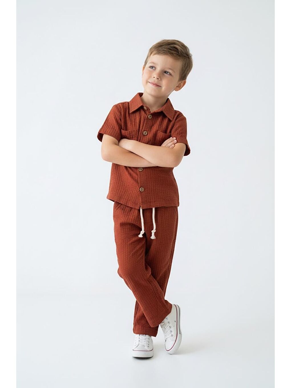 Kahverengi Gofreli Yazlık Gömlek 2li Takım-4