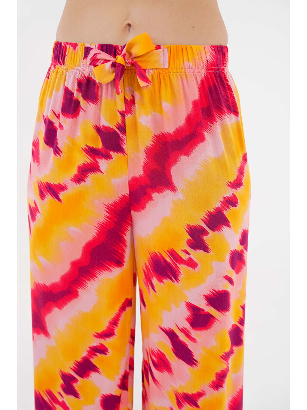 Pembe Somon Kadın Desenli Beli Lastikli Bağlamalı Bol Paça Dokuma Pantolon - Viskon-5