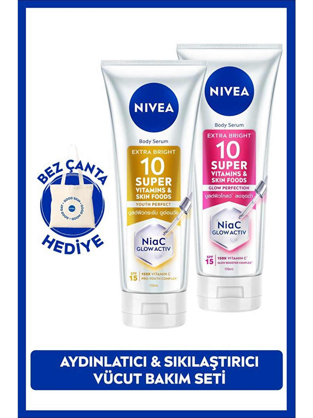 Spf15 Super10 Serum Etkili Sıkılaştırıcı Vücut Losyon 170ml Ve Aydınlatıcı Losyon, Çanta Hediye