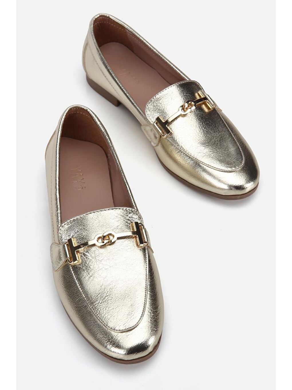 Sarı Kadın Gold Toka Detaylı Metalik  Loafer-5