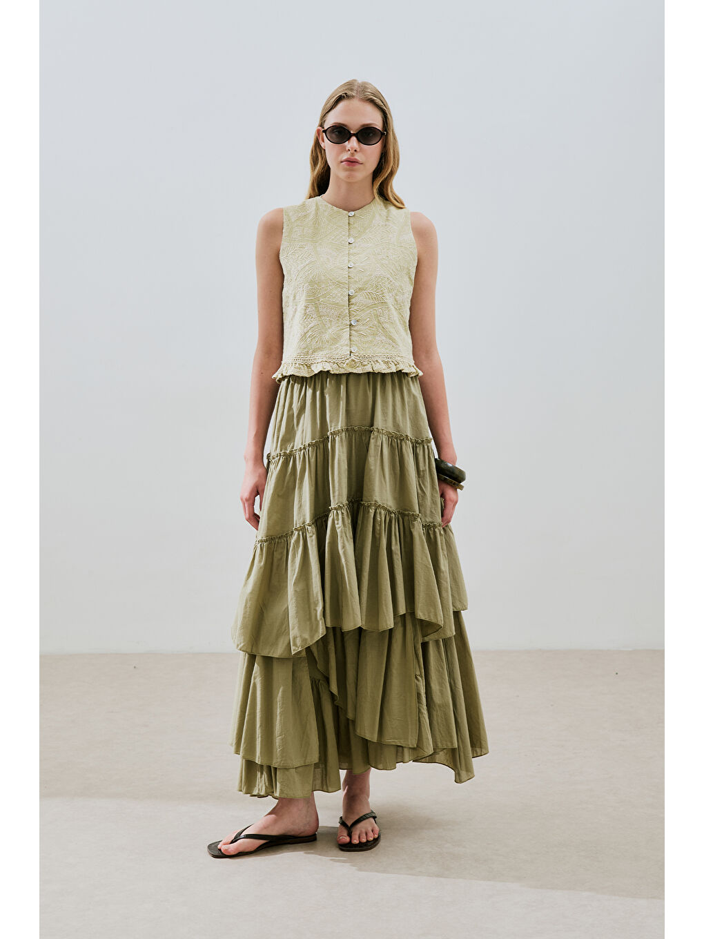 Yeşil Katlı Boho Vual Etek Çağla-2