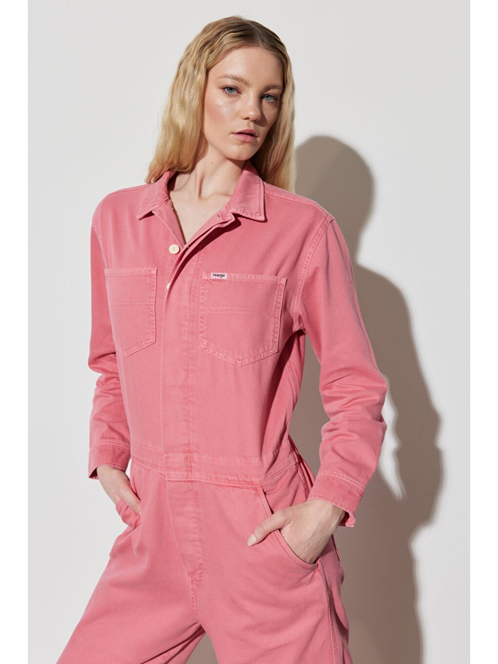 Kick Flare Regular Fit Normal Kesim Gömlek Yaka Geniş Paça Pembe Tulum-4