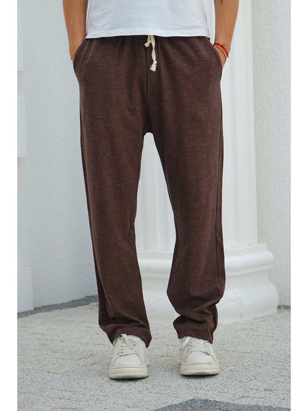 Kahverengi Erkek Baggy Kalıp Eşofman Altı Bağcıklı Rahat Kesim Günlük Pantolon-1