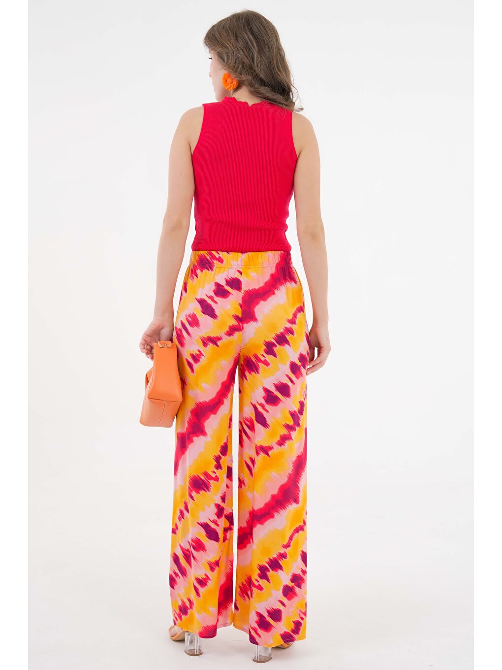 Pembe Somon Kadın Desenli Beli Lastikli Bağlamalı Bol Paça Dokuma Pantolon - Viskon-6