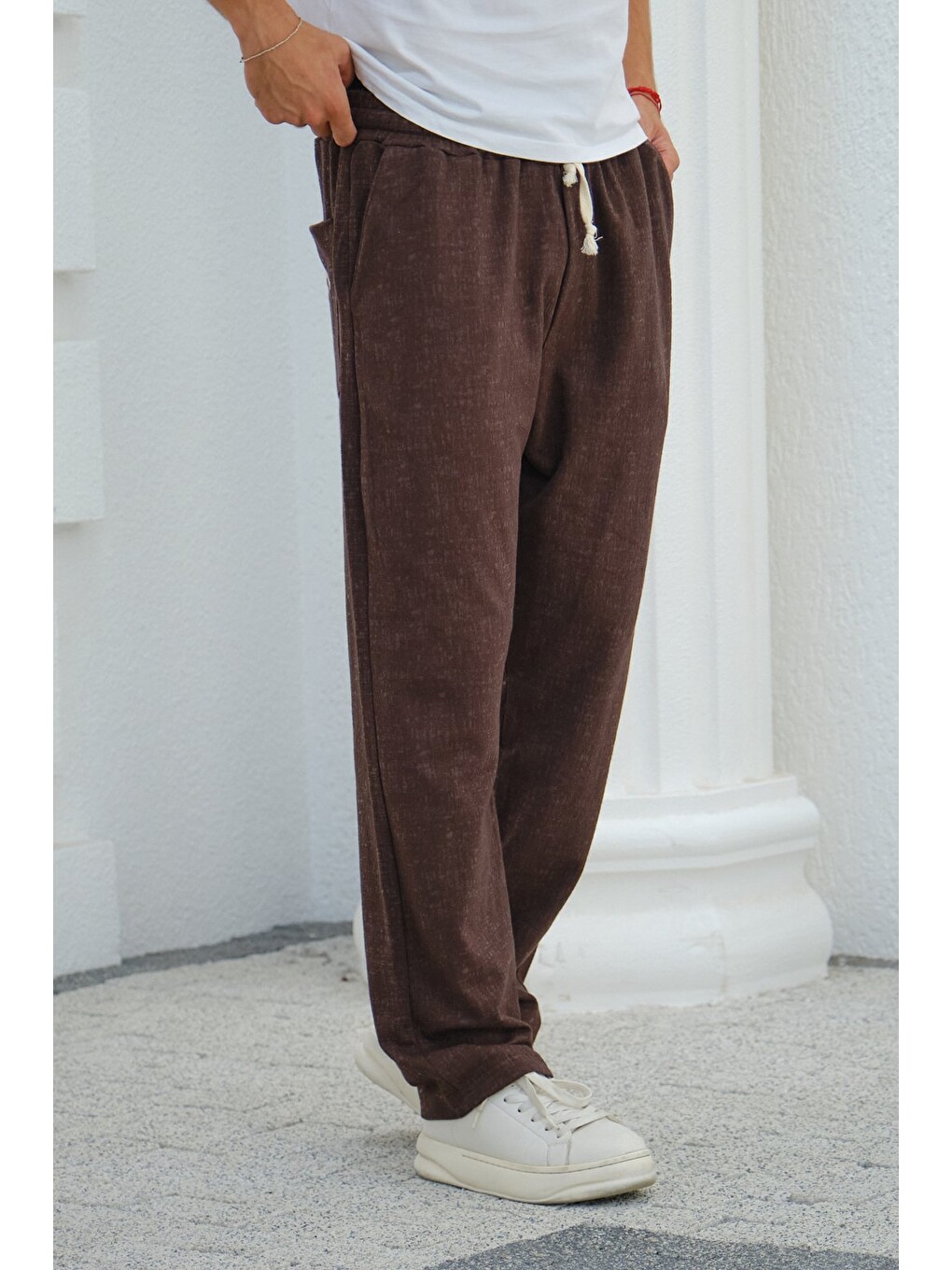 Kahverengi Erkek Baggy Kalıp Eşofman Altı Bağcıklı Rahat Kesim Günlük Pantolon-3