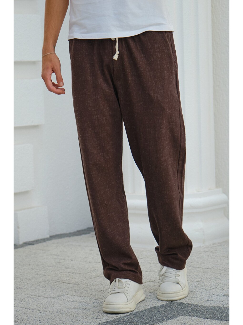 Kahverengi Erkek Baggy Kalıp Eşofman Altı Bağcıklı Rahat Kesim Günlük Pantolon-4