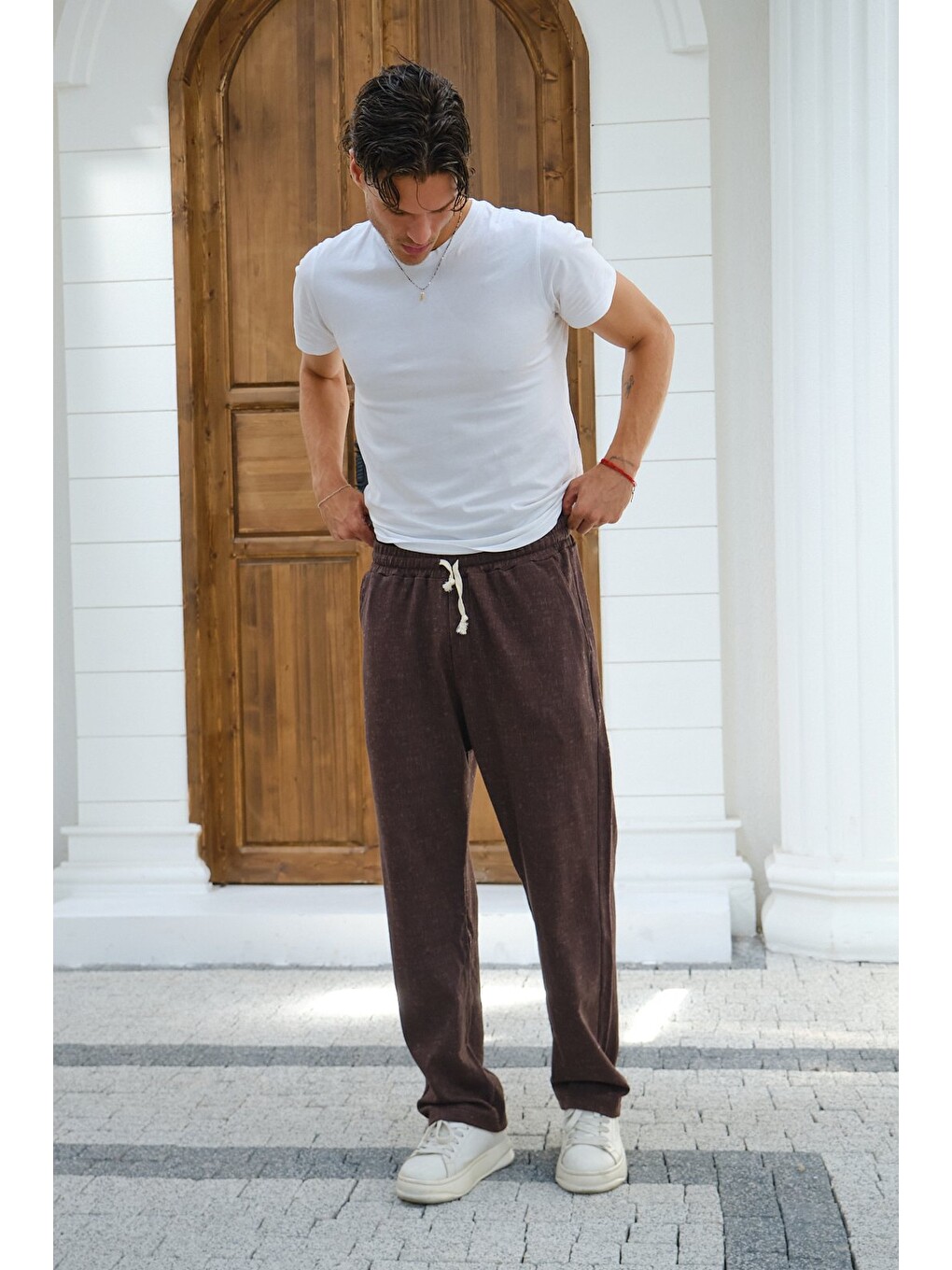 Kahverengi Erkek Baggy Kalıp Eşofman Altı Bağcıklı Rahat Kesim Günlük Pantolon-5
