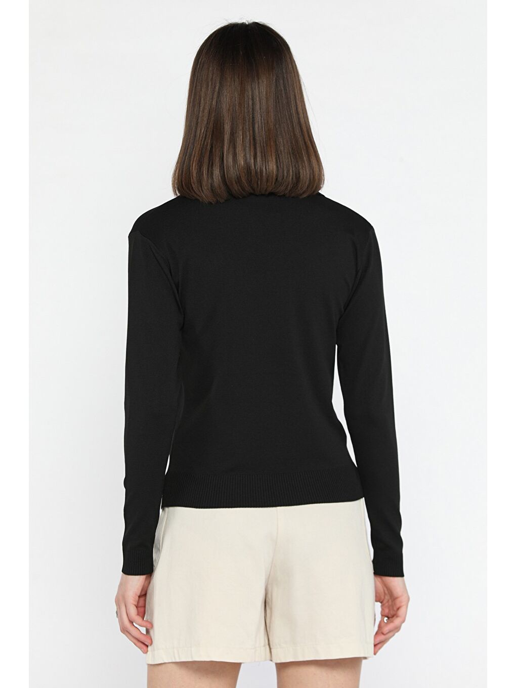 Siyah Kadın Polo Yaka Gül İşlemeli Triko Bluz-3