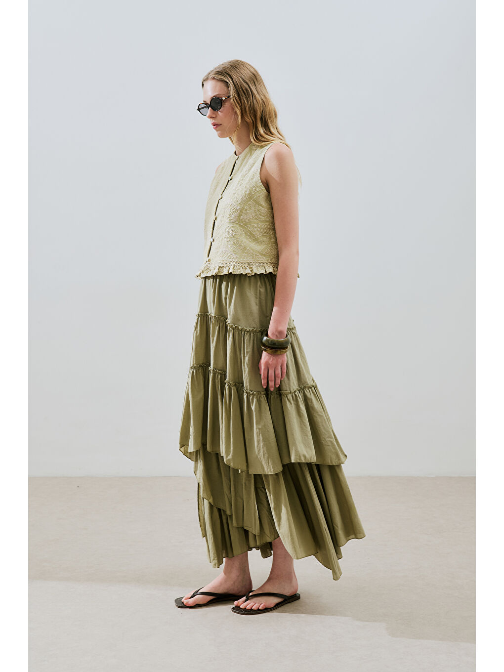 Yeşil Katlı Boho Vual Etek Çağla-3