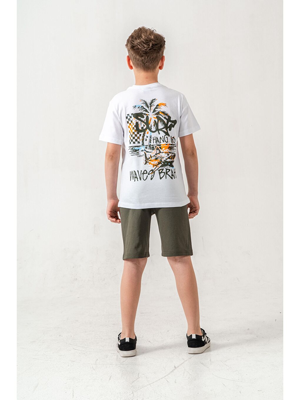 Haki Ust On Ve Arka Baskılı Erkek Çocuk Şort - Tişört Takımı-7