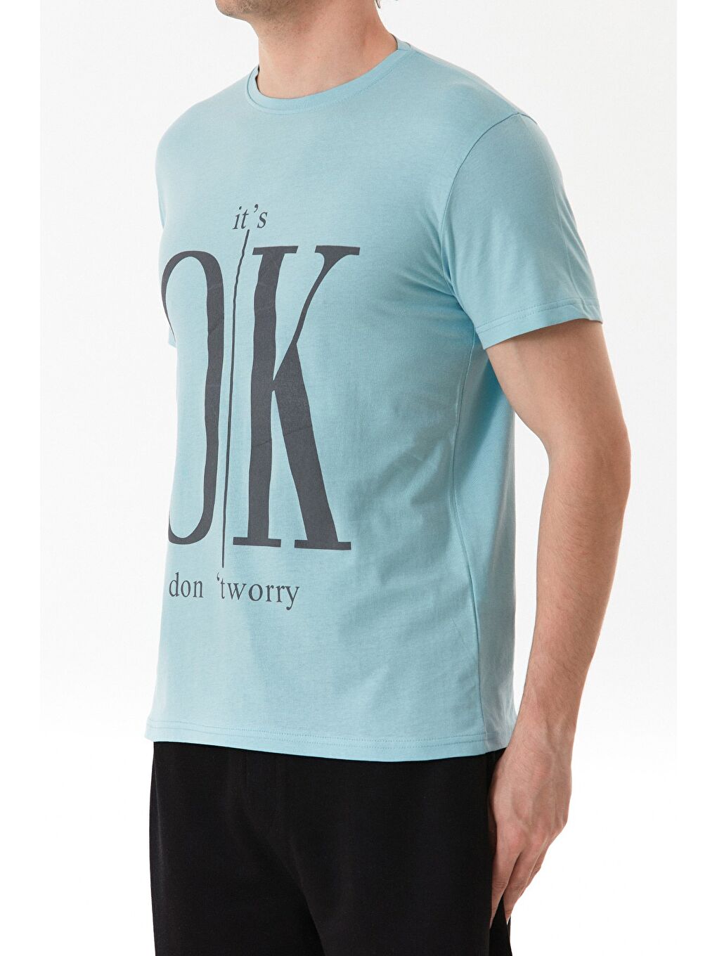 Mavi It`s Ok Baskılı Bisiklet Yaka %100 Pamuk Tişört-4