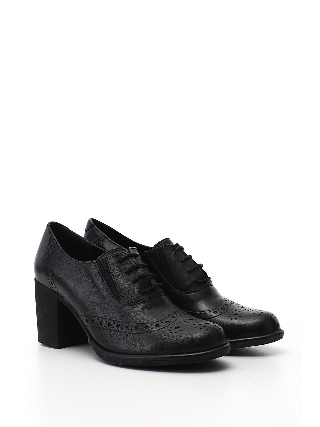 Siyah Kadın SİYAH Bağcıklı Orta Kalın Topuklu Hakiki Deri Oxford Ayakkabı-1