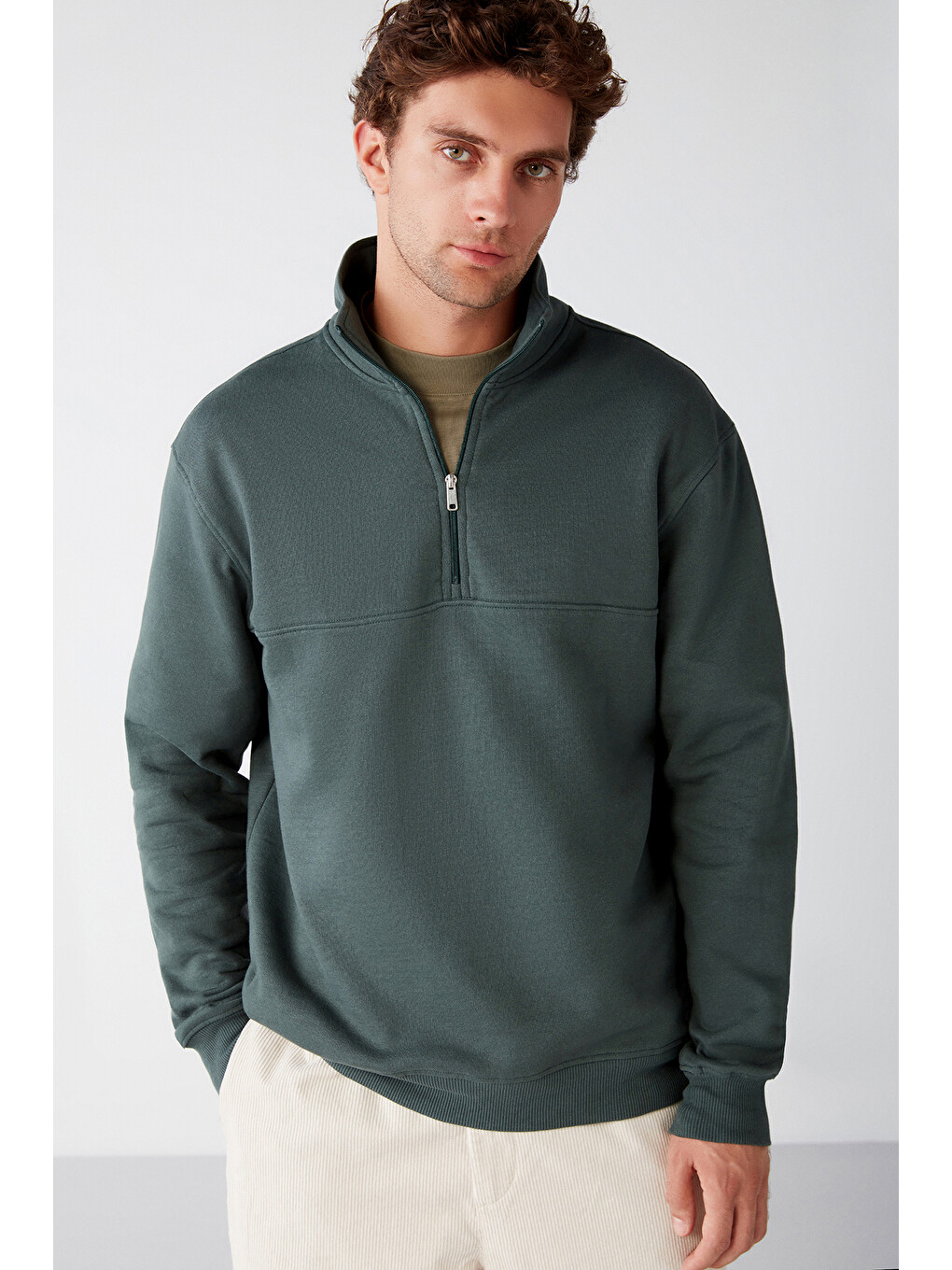 Frame Erkek Yarım Fermuarlı Dik Yakalı Yumuşacık Kumaşlı Polarlı Regular Yeşil Sweatshirt-1