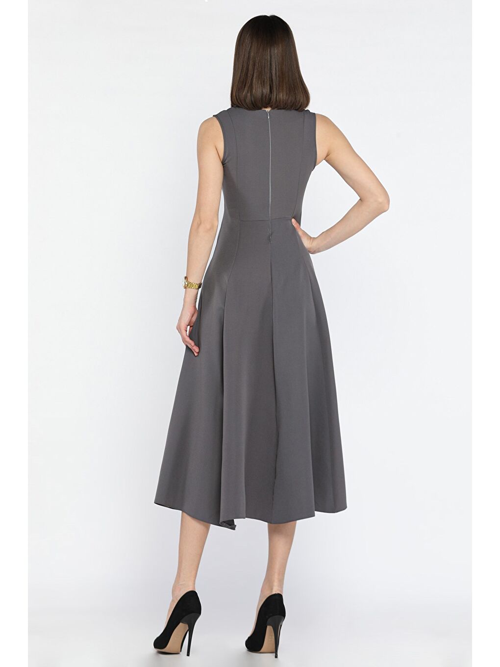 Gri Ön Bağlamalı Sıfır Kol Elbise-2