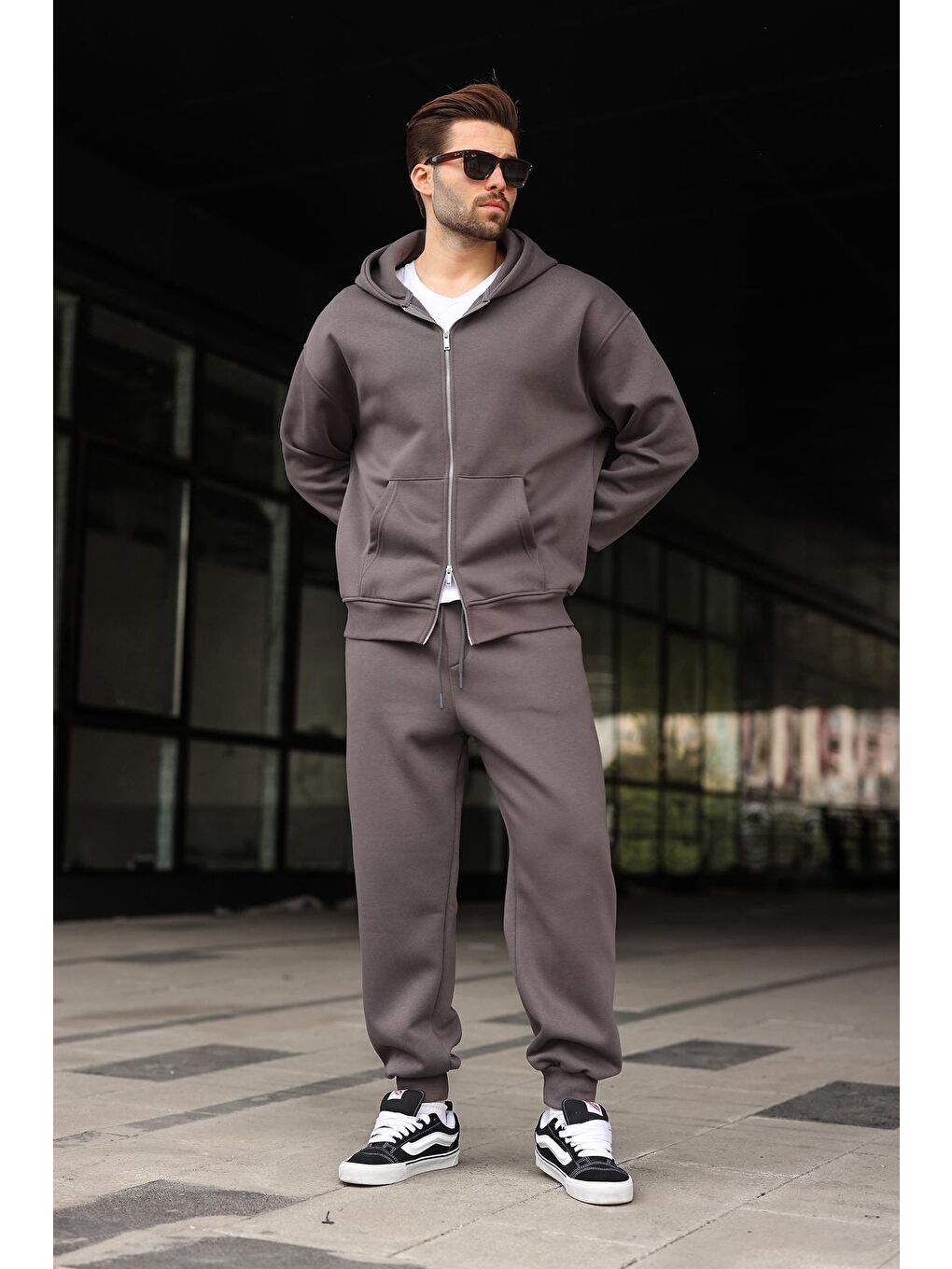 Gri Füme Çift Fermuarlı Kapüşonlu Eşofman Takımı E7345