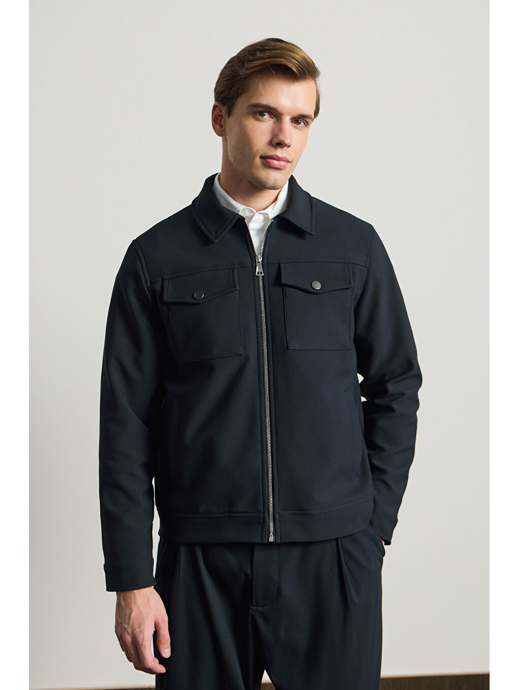 Erkek Rahat Kalıp Gömlek Yaka Ceket Lacivert-3