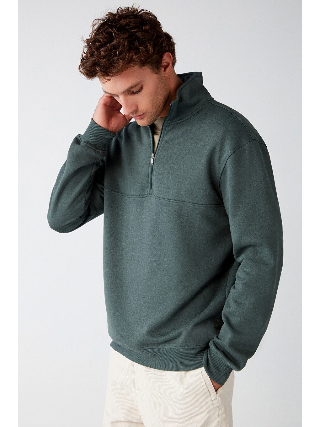 Frame Erkek Yarım Fermuarlı Dik Yakalı Yumuşacık Kumaşlı Polarlı Regular Yeşil Sweatshirt-2