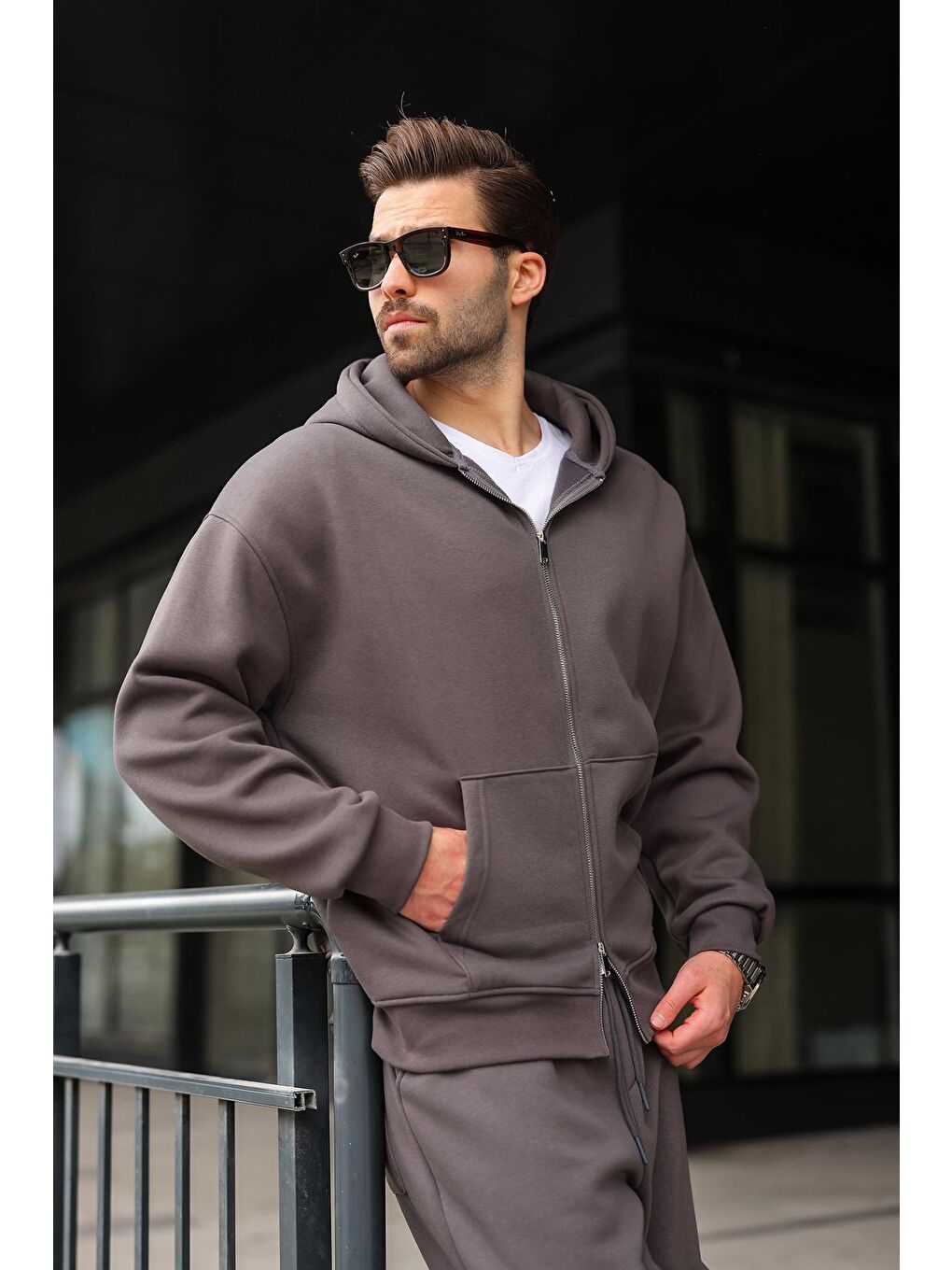 Gri Füme Çift Fermuarlı Kapüşonlu Eşofman Takımı E7345-1