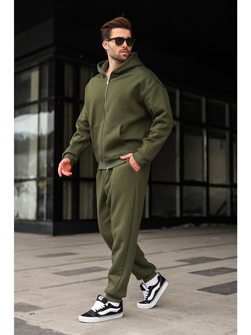Haki Çift Fermuarlı Kapüşonlu Eşofman Takımı E7345