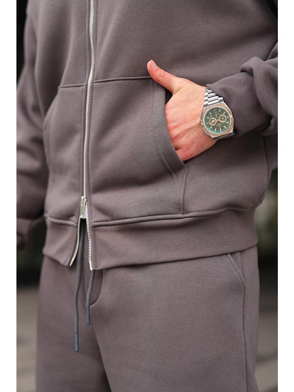 Gri Füme Çift Fermuarlı Kapüşonlu Eşofman Takımı E7345-2