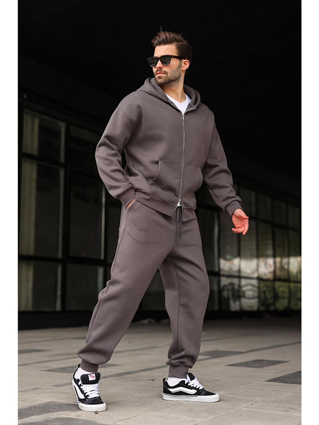 Gri Füme Çift Fermuarlı Kapüşonlu Eşofman Takımı E7345-3