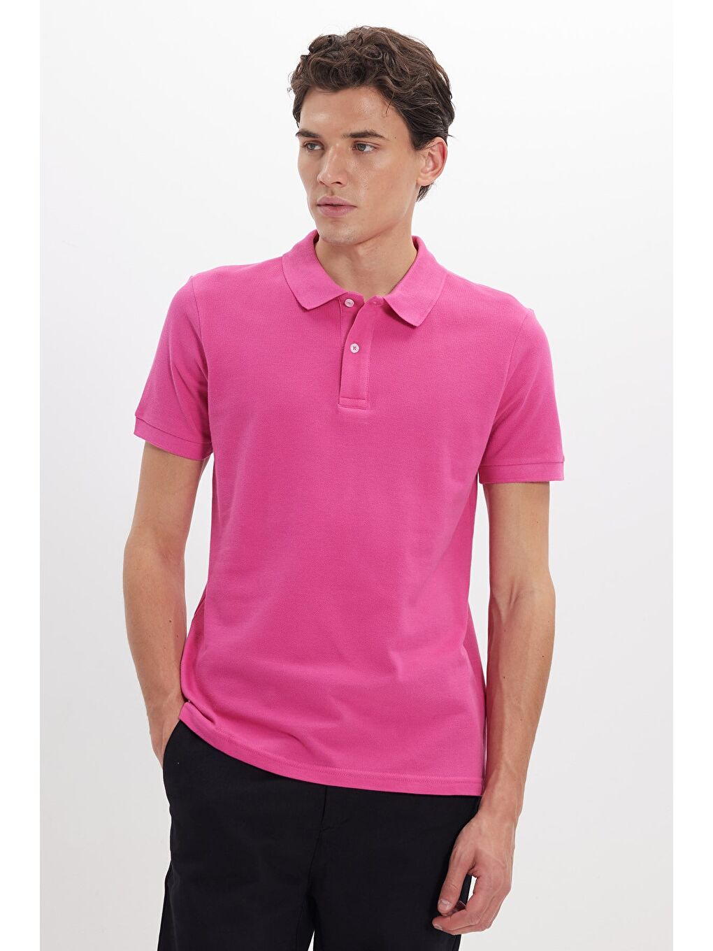 Erkek Slim Fit Dar Kesim %100 Pamuk Kısa Kollu Polo Yaka Pembe Tişört