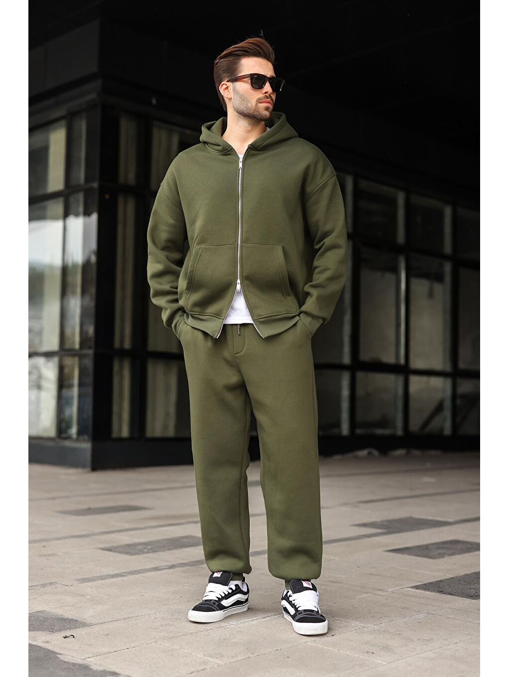 Haki Çift Fermuarlı Kapüşonlu Eşofman Takımı E7345-1
