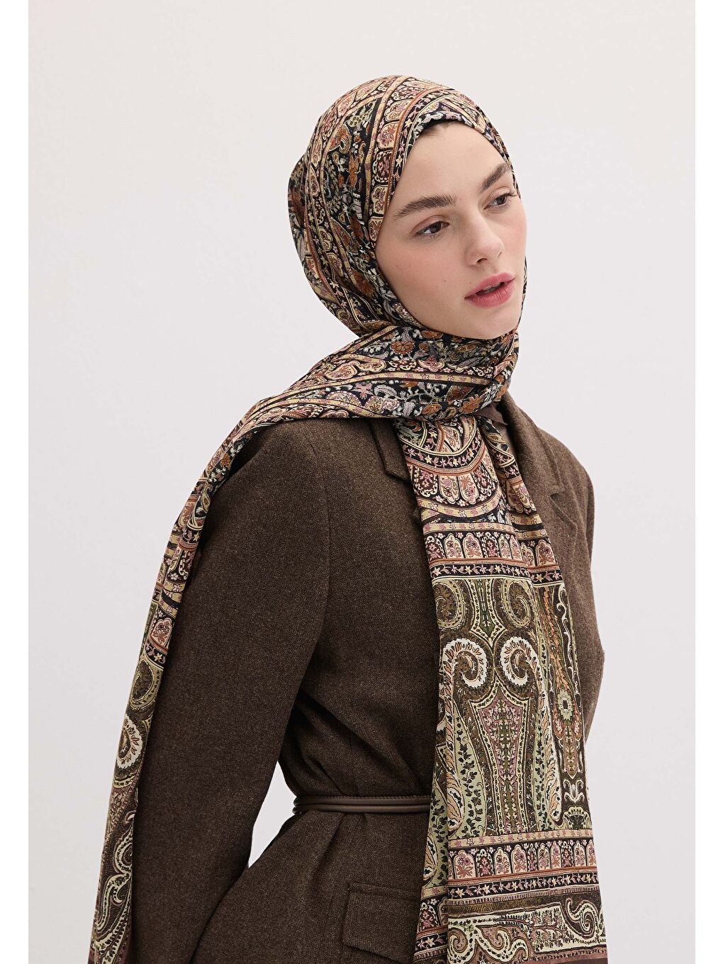 Kahverengi Nordıc Paısley Desen Şal Kahve