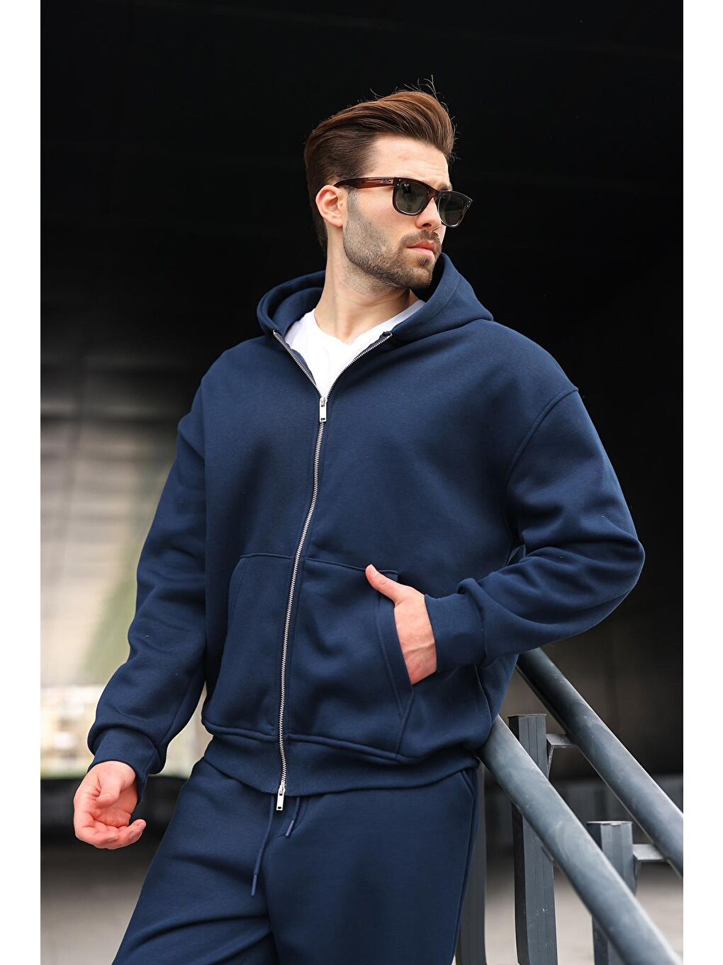 Lacivert Çift Fermuarlı Kapüşonlu Eşofman Takımı E7345-1