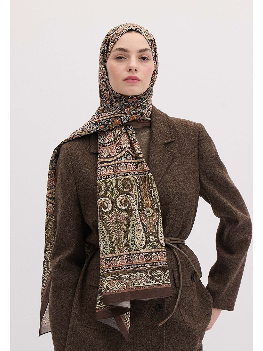 Kahverengi Nordıc Paısley Desen Şal Kahve-1