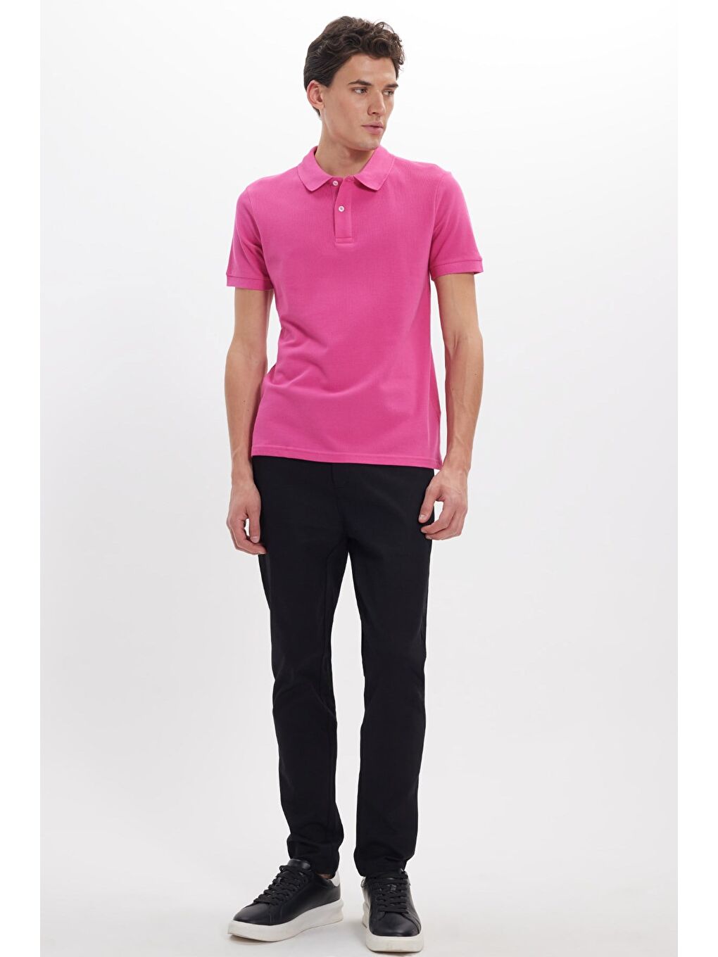 Erkek Slim Fit Dar Kesim %100 Pamuk Kısa Kollu Polo Yaka Pembe Tişört-1
