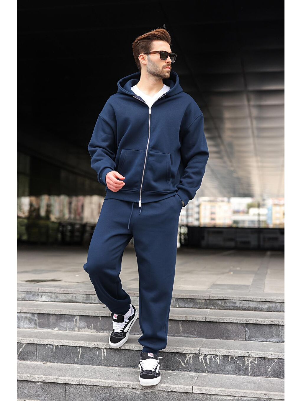 Lacivert Çift Fermuarlı Kapüşonlu Eşofman Takımı E7345-2