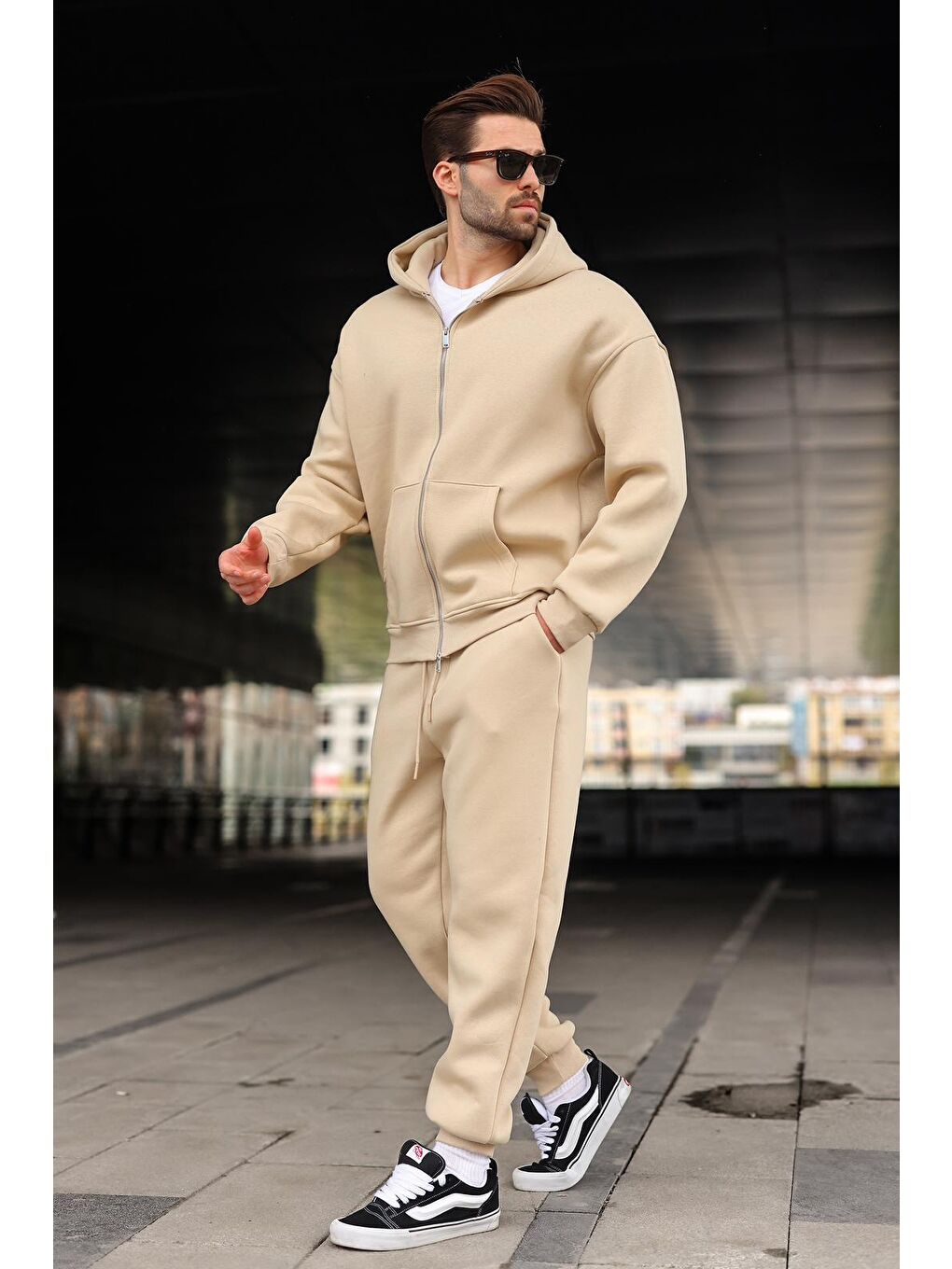 Bej Çift Fermuarlı Kapüşonlu Eşofman Takımı E7345