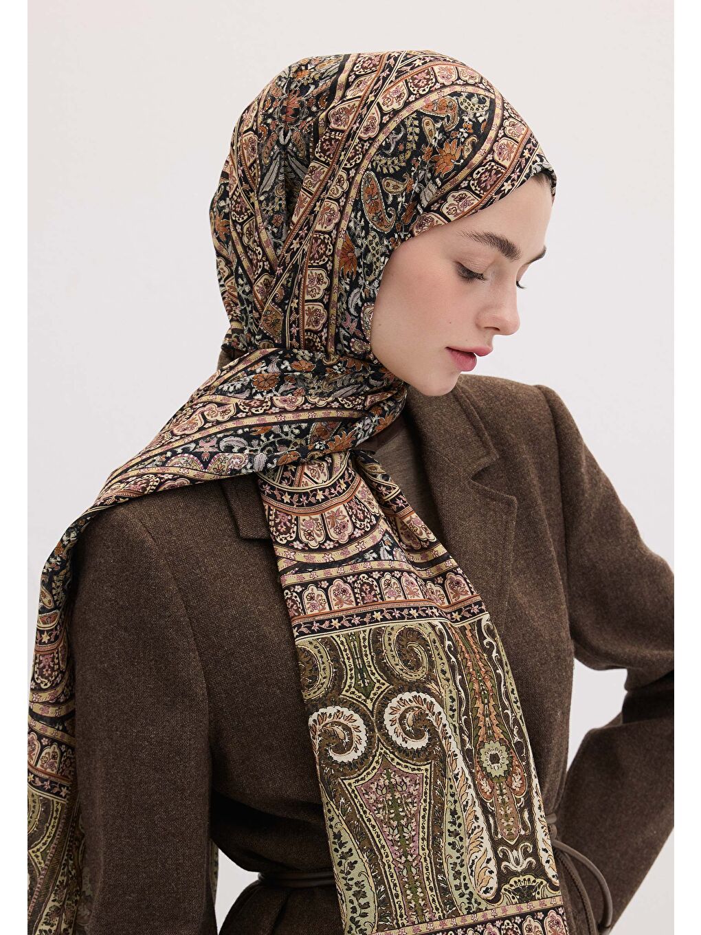 Kahverengi Nordıc Paısley Desen Şal Kahve-2