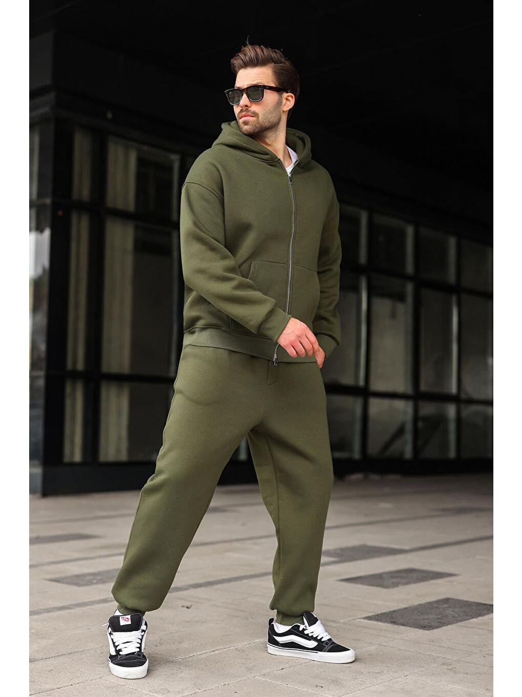 Haki Çift Fermuarlı Kapüşonlu Eşofman Takımı E7345-3