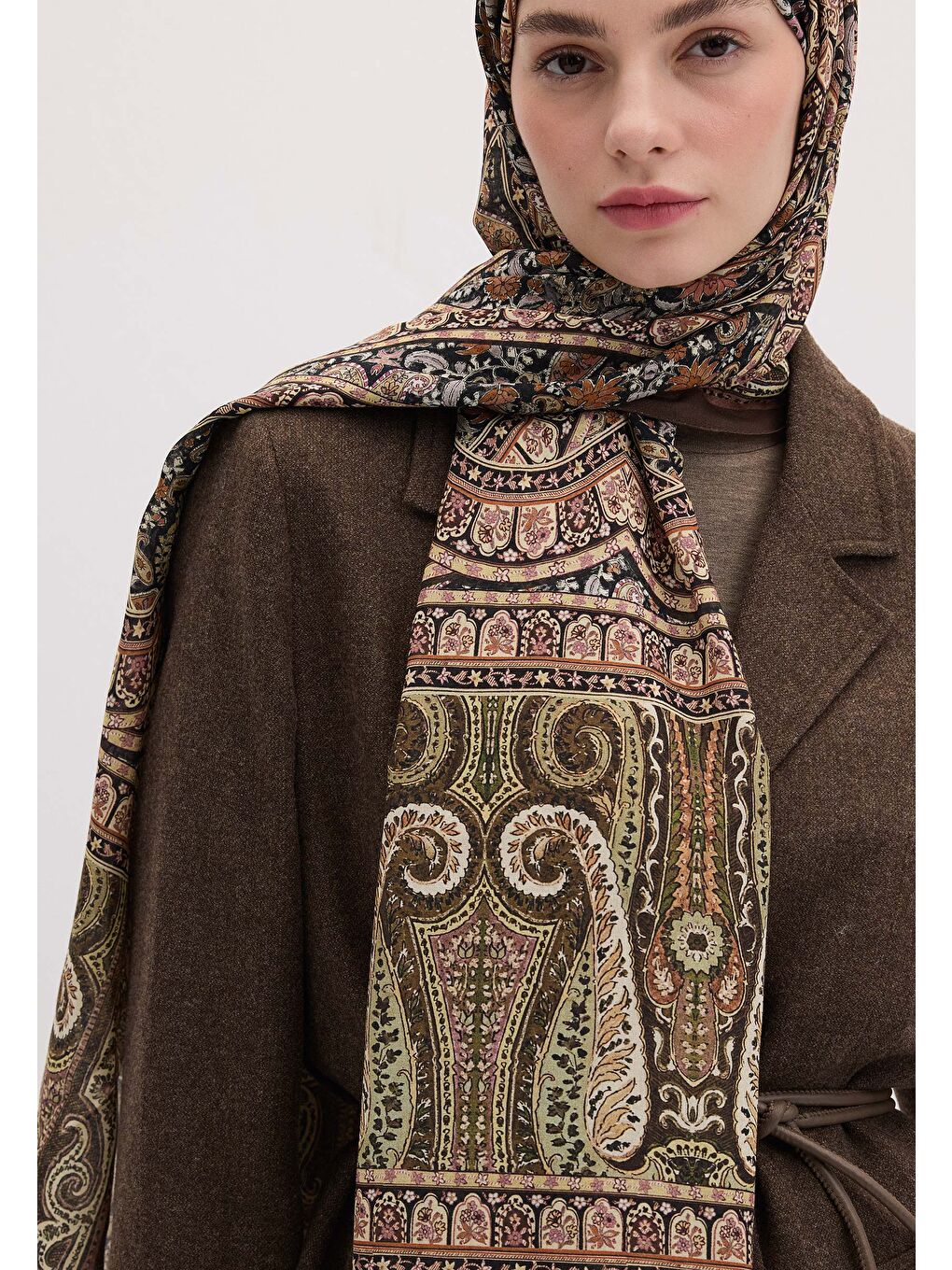 Kahverengi Nordıc Paısley Desen Şal Kahve-3
