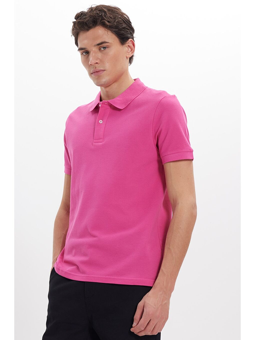 Erkek Slim Fit Dar Kesim %100 Pamuk Kısa Kollu Polo Yaka Pembe Tişört-2