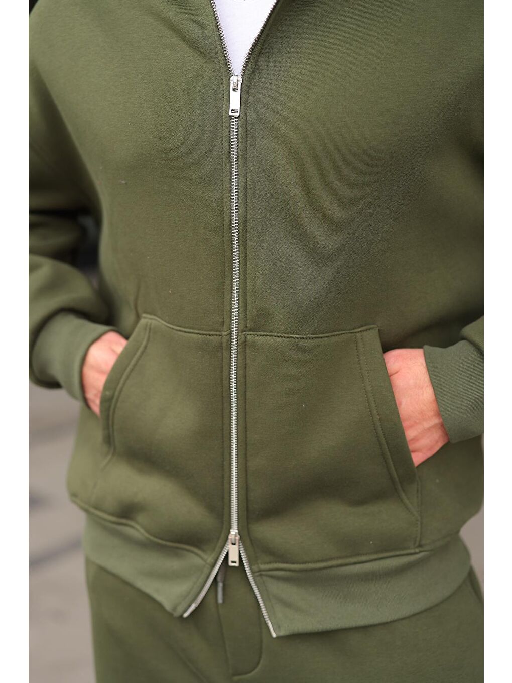 Haki Çift Fermuarlı Kapüşonlu Eşofman Takımı E7345-4