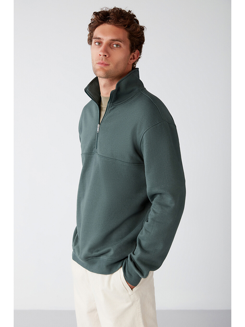 Frame Erkek Yarım Fermuarlı Dik Yakalı Yumuşacık Kumaşlı Polarlı Regular Yeşil Sweatshirt-3