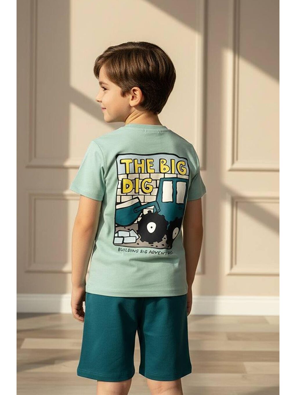 Yeşil Erkek Çocuk Pamuklu Traktor Baskılı T-Shirt Ve Şort 2'Li Takım-1