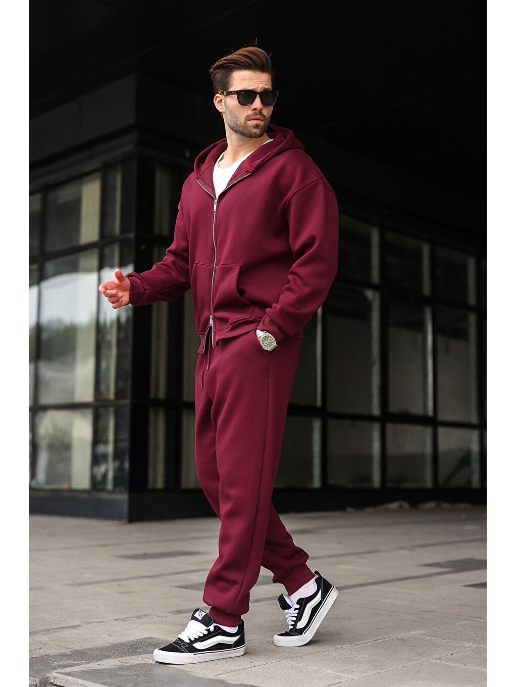 Bordo Çift Fermuarlı Kapüşonlu Eşofman Takımı E7345-1