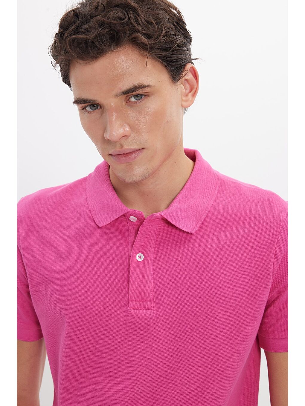 Erkek Slim Fit Dar Kesim %100 Pamuk Kısa Kollu Polo Yaka Pembe Tişört-6